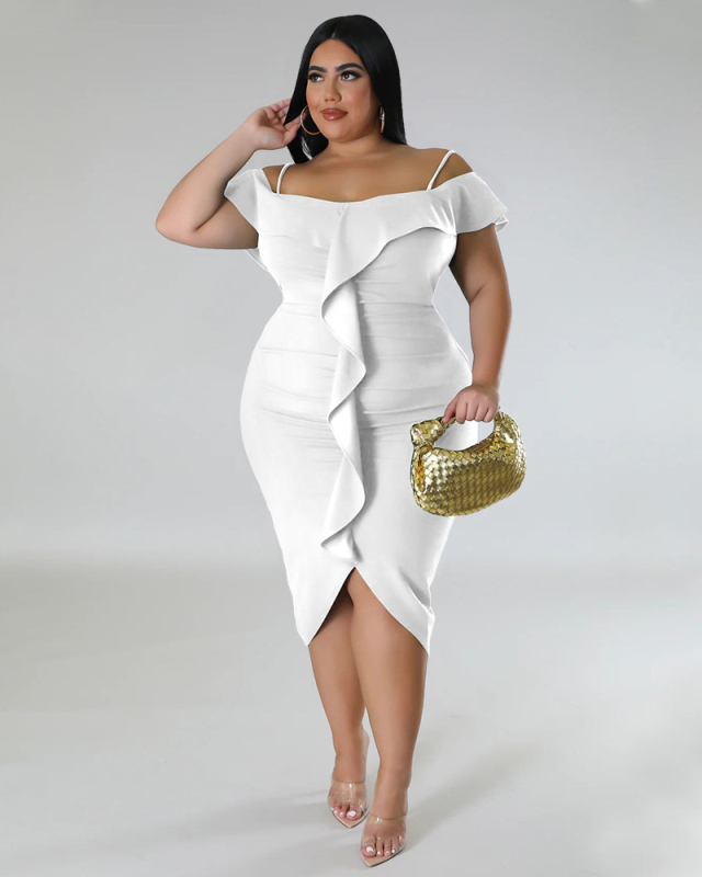 Fashion Ruffles Off Shoulder Irregular Solid Color Sweety Date Plus Size Dresses Purple Green White Blue Black L-4XL