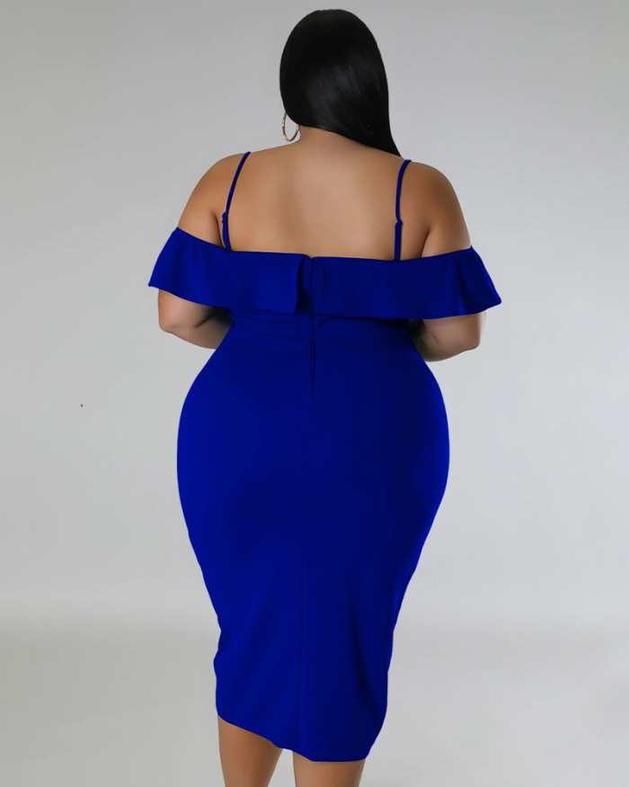 Fashion Ruffles Off Shoulder Irregular Solid Color Sweety Date Plus Size Dresses Purple Green White Blue Black L-4XL