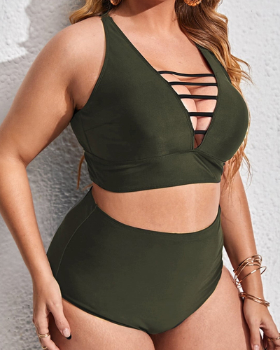 Hot Sale V-neck High Waist Bikini Women Plus Size Swimwear Green Black L-4XL