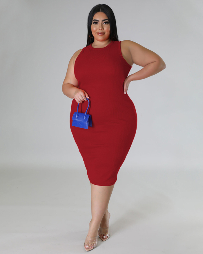 Summer New Solid Color Sleeveless Slim Plus Size Dresses Orange Red Blue Coffee Black L-4XL
