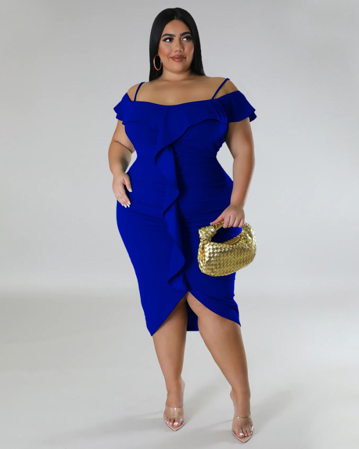 Fashion Ruffles Off Shoulder Irregular Solid Color Sweety Date Plus Size Dresses Purple Green White Blue Black L-4XL