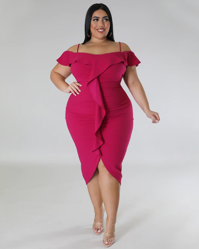 Fashion Ruffles Off Shoulder Irregular Solid Color Sweety Date Plus Size Dresses Purple Green White Blue Black L-4XL