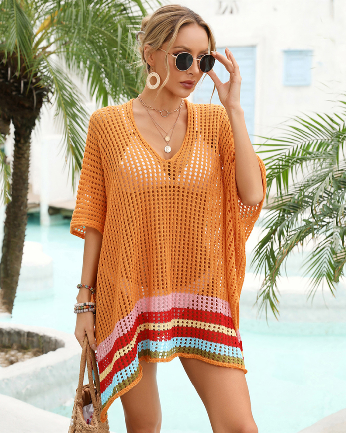 Summer Loose Hollow Out Beach Cover Ups Orange Green Rosy White Black One Size
