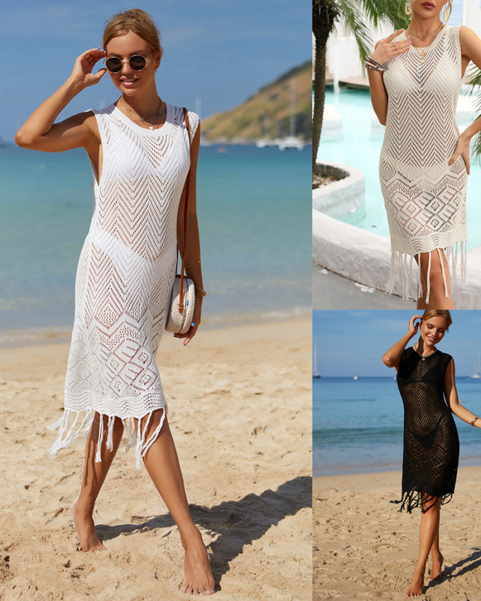 Elegant Sleeveless V-neck Summer Vacation Tassels Crochet Stitches Dress White Apricot Black S-XL