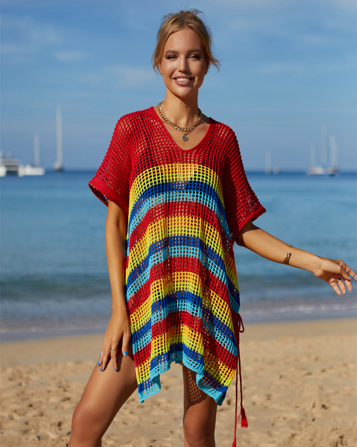 New Summer Rainbow Color Vacation Bikini Beach Dresses Cover Ups Rosy White Orange Black Red One Size