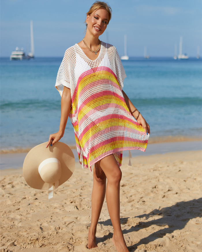New Summer Rainbow Color Vacation Bikini Beach Dresses Cover Ups Rosy White Orange Black Red One Size