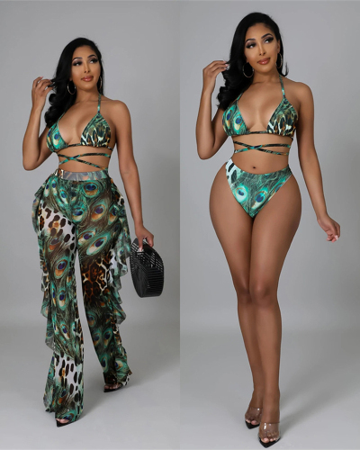 Green Leopard Printed Three Piece Beach Swimwear Set S-XL
