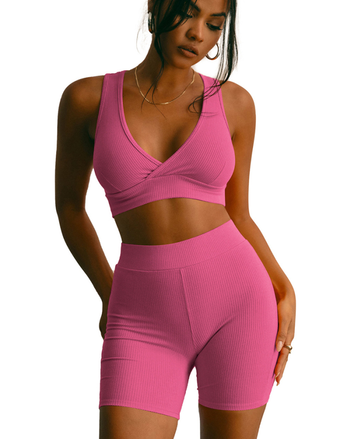 Solid Color Sporty Causal Women Summer Two Piece Short Set S-XL
