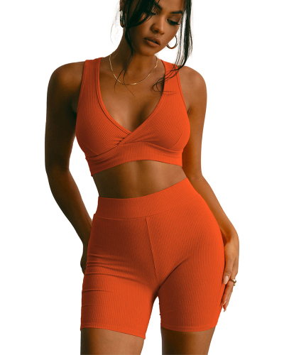 Solid Color Sporty Causal Women Summer Two Piece Short Set S-XL