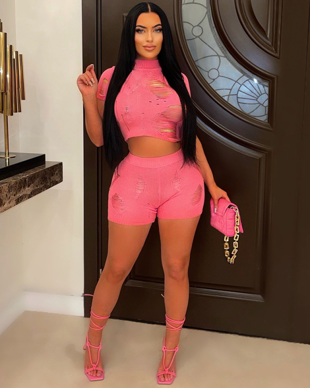 O-neck Knitted Women New Hot Popular Two Piece Short Set S-XL