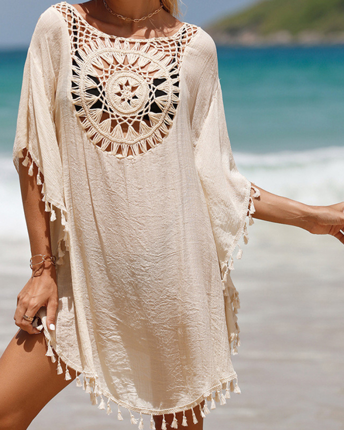 Sexy Loose Crochet Tassels Beach Dresses Cover Ups White Apricot Black Blue Rosy One Size