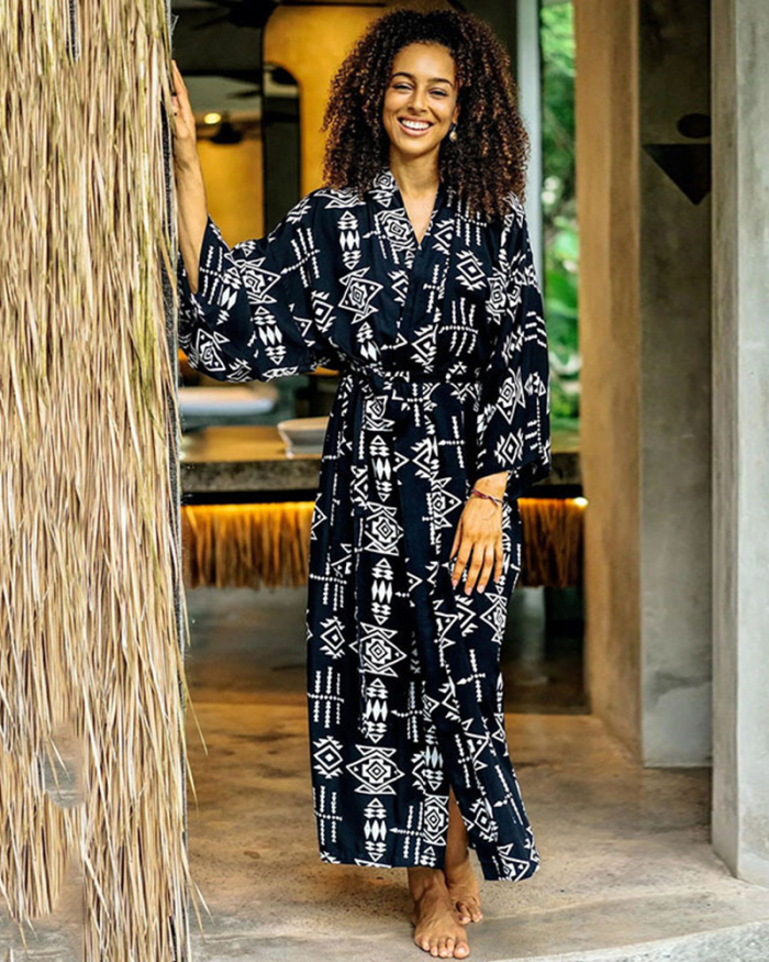 Fashion Printed Long Sleeve Vacation Loose Kimonos Beach Cover Ups One Size