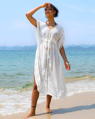 Women V-neck Lace Tassels Classy Swimsuit Cover Ups White One Size