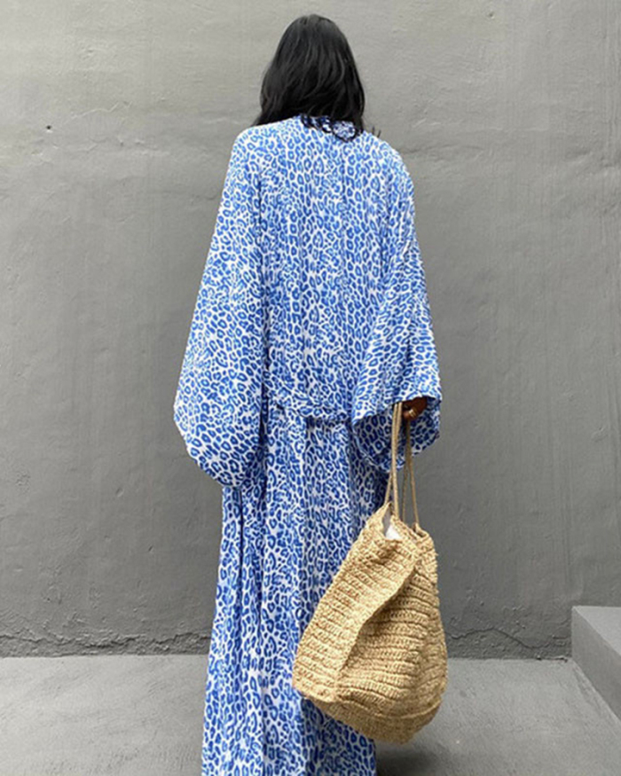 Fashion Printed Long Sleeve Vacation Loose Kimonos Beach Cover Ups One Size