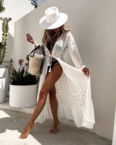 Vacation Summer Elegant White Lace Crochet Beach Cover Up White Black S-2XL