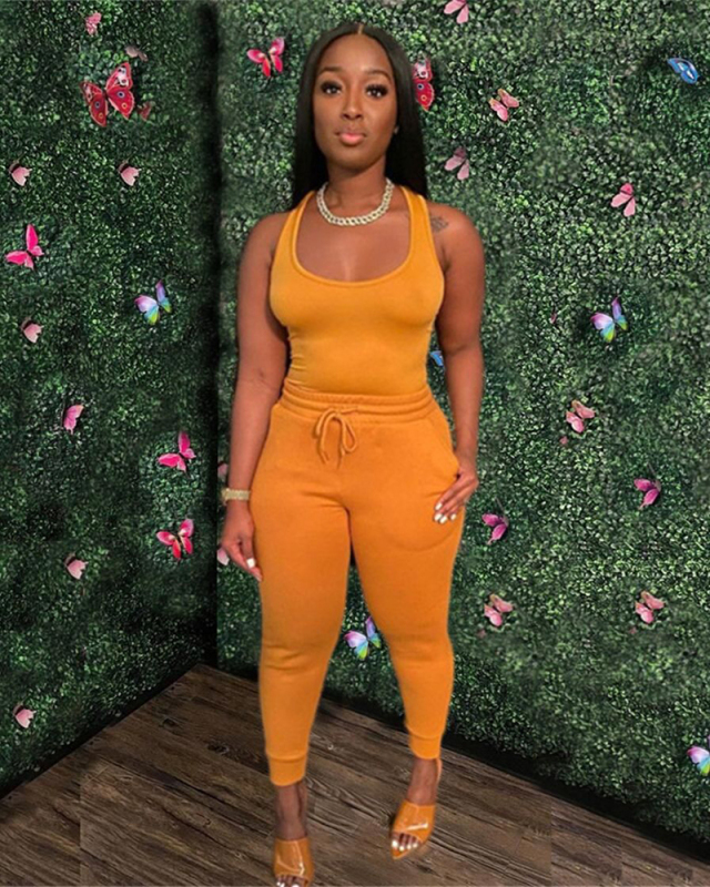 Women Solid Color Sleeveless Pants Sets Two Pieces Outfit Pink Yellow Red Purple Black Green Blue S-2XL