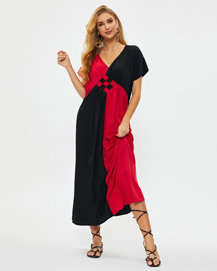 Women Short Sleeve Colorblock Maxi Loose Beach Dresses Black Red One Size