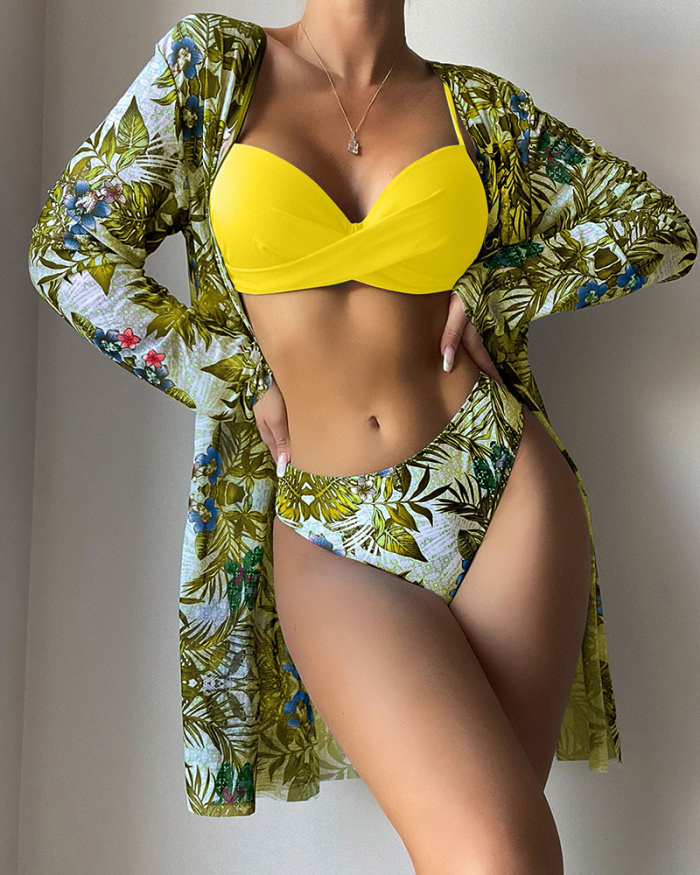 3PCS Tropical Floral Print Crisscross Bikini Set With Cover Up Dress
