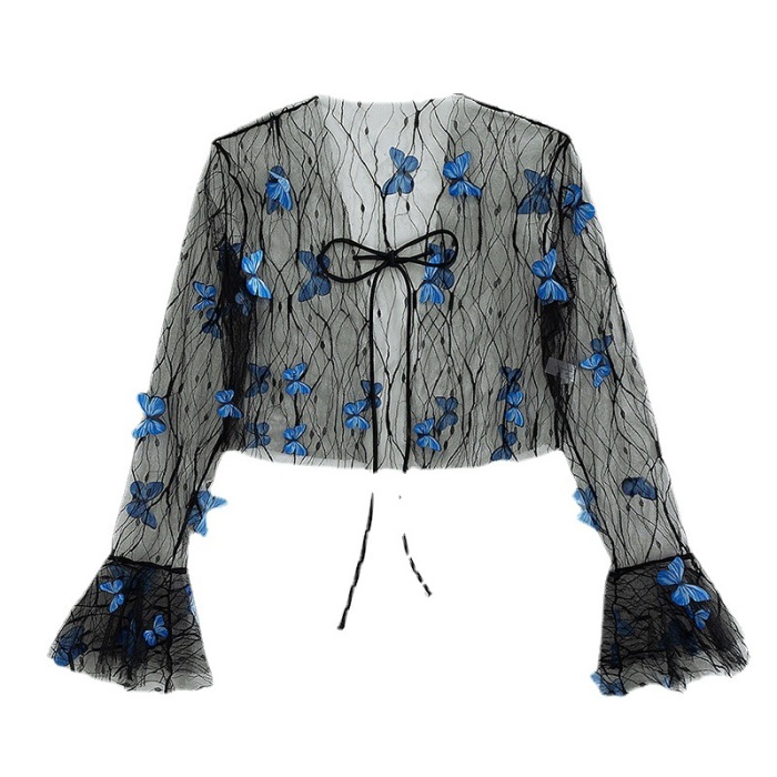 Blue Butterfly Long Sleeve Mesh Cover Up Shirt