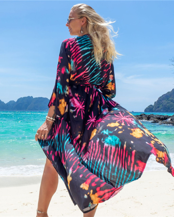 Boho Printed Sea Holiday Vacation Beach Wear Long Sleeve Fancy Swimsuit Cover Up Kimonos One Size(22 Colors)