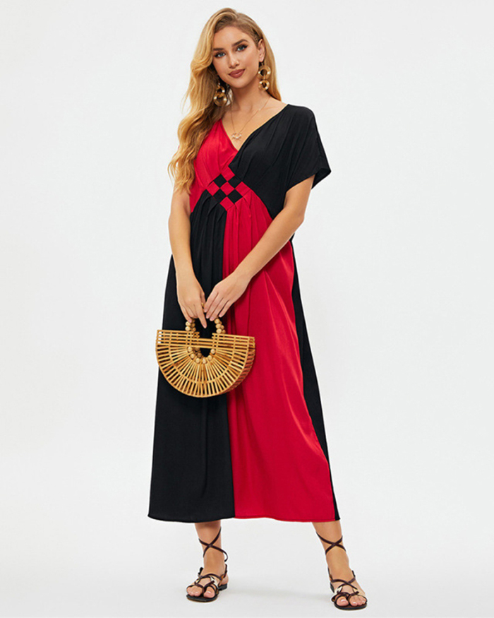 Women Short Sleeve Colorblock Maxi Loose Beach Dresses Black Red One Size