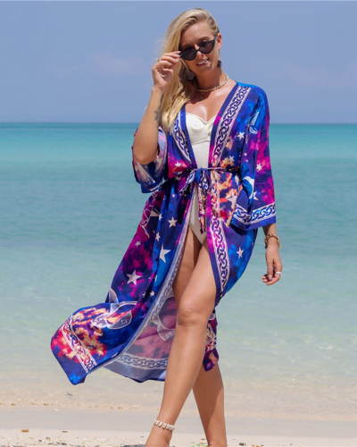Boho Printed Sea Holiday Vacation Beach Wear Long Sleeve Fancy Swimsuit Cover Up Kimonos One Size(22 Colors)