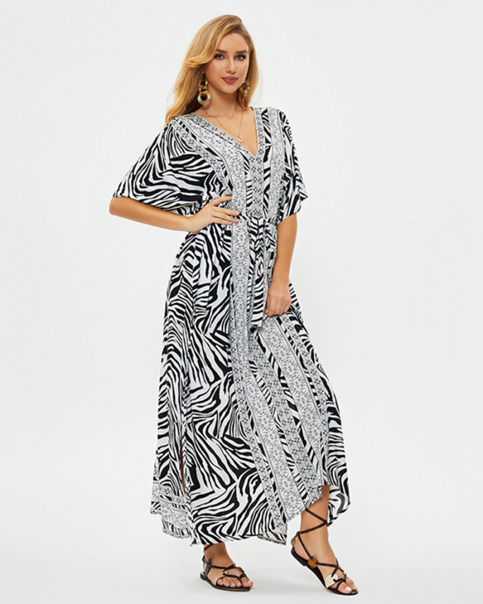 Women Printed Deep V Neck Vacation Holiday Dress Swimsuit Cover Up