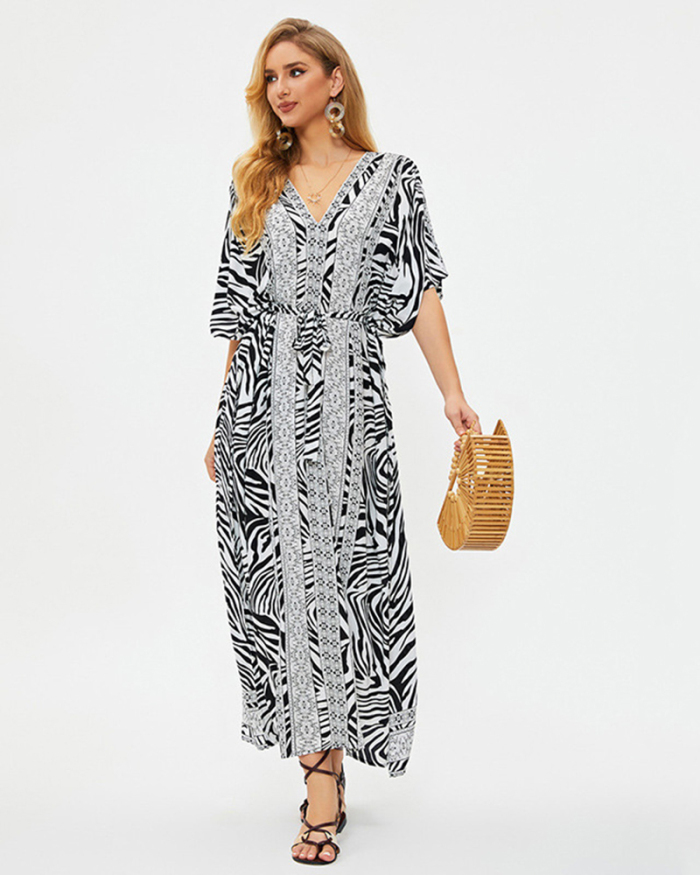 Women Printed Deep V Neck Vacation Holiday Dress Swimsuit Cover Up