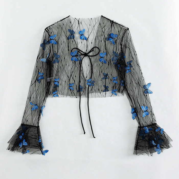 Blue Butterfly Long Sleeve Mesh Cover Up Shirt