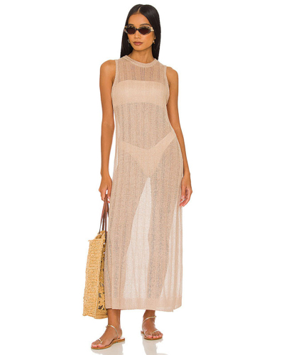 Fashion Sleeveless See Through Crochet Beach Cover Up Side Slit Maxi Beach Dresses Apricot One Size