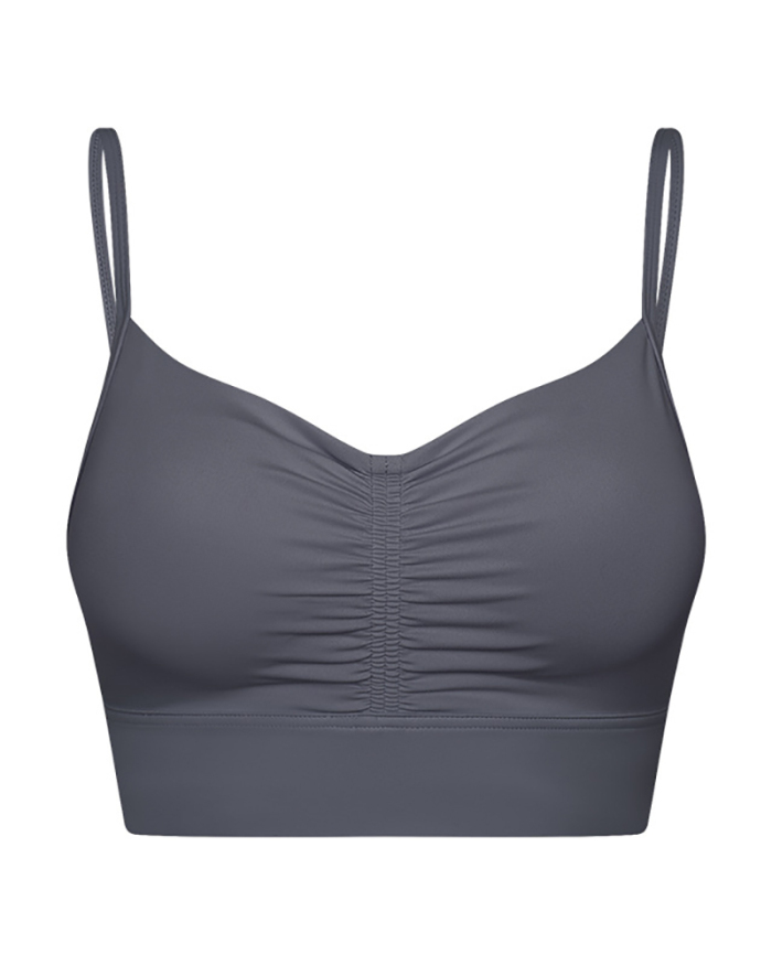 Women Breathable Solid Color Sling Ruched Sports Bra Gray White Purple Black Brown 4-12
