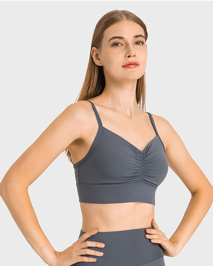 Women Breathable Solid Color Sling Ruched Sports Bra Gray White Purple Black Brown 4-12