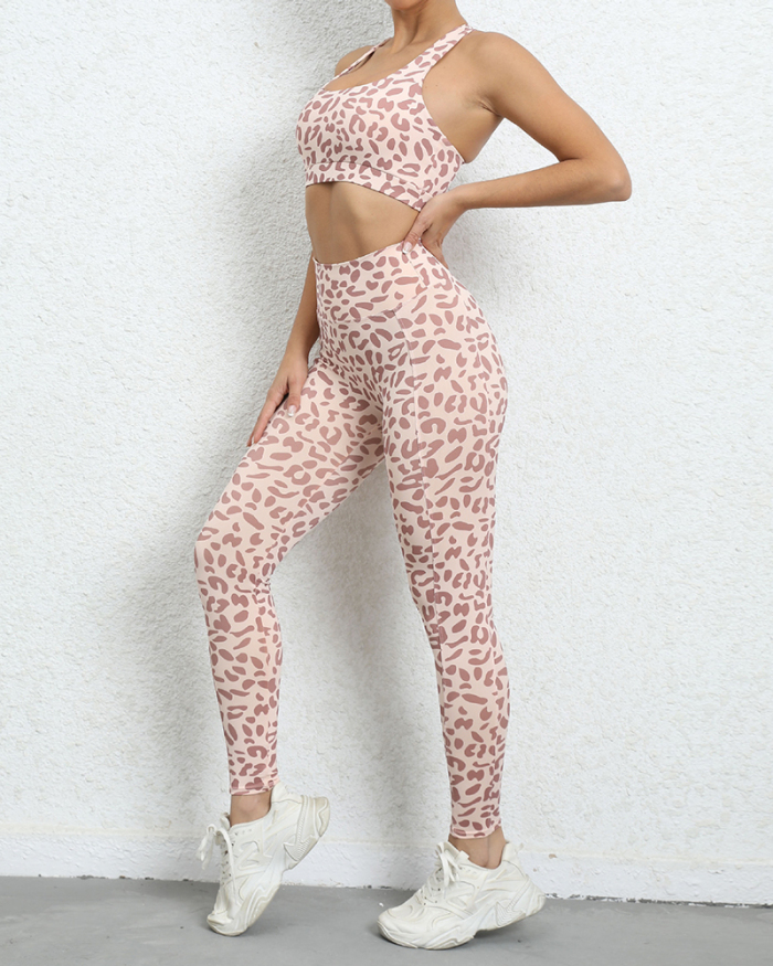 Women Leopard Slim Sports Two Pieces Sets Pink Gray S-XL