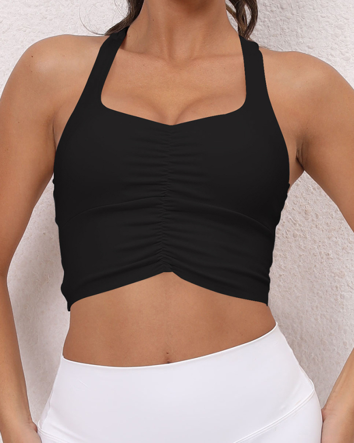Women Solid Color Backless Yoga Ruched Sports Bra S-L