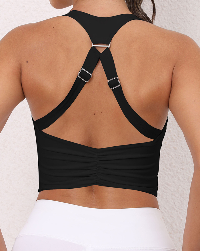 Women Solid Color Backless Yoga Ruched Sports Bra S-L