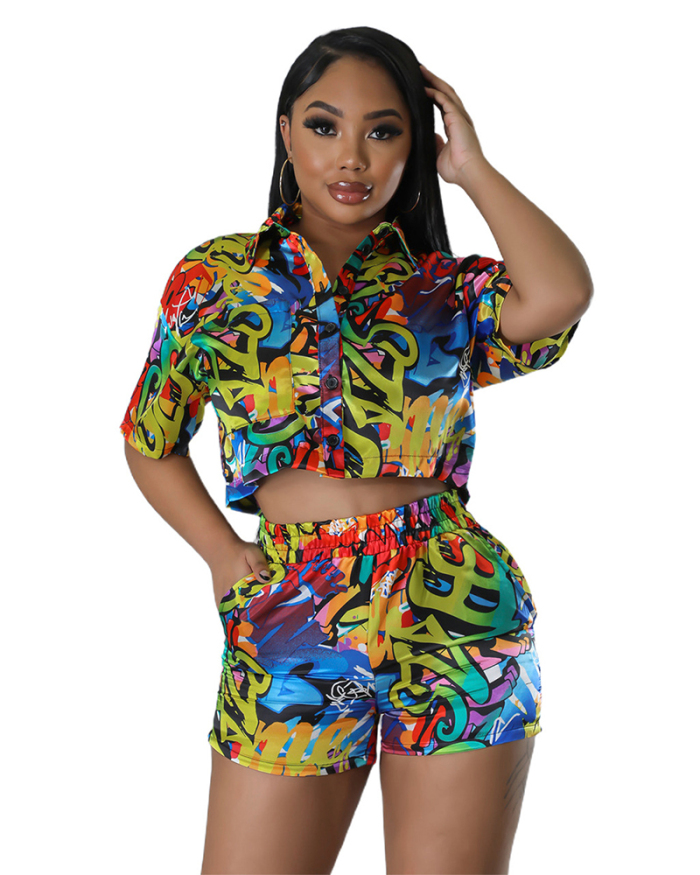 Short Sleeve Floral Printed Women Two Piece Outfits S-XL