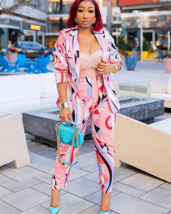Women Long Sleeve Printed Pants Sets Blazers Suits Pink Blue S-3XL