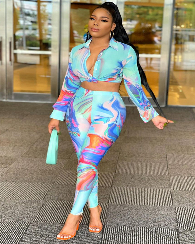 Women Long Sleeve Lapel Slim Sexy Printed Pants Sets Two Pieces Outfit Blue S-2XL