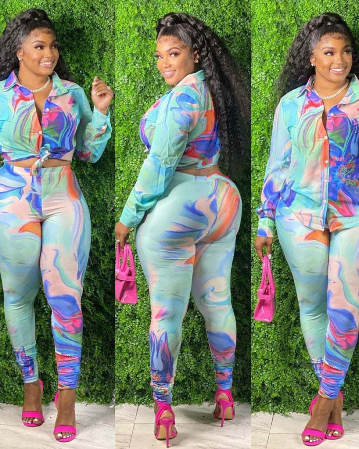 Women Long Sleeve Lapel Slim Sexy Printed Pants Sets Two Pieces Outfit Blue S-2XL