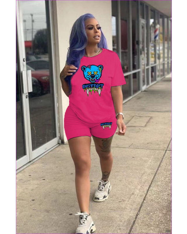 Women Cartoon Short Sleeve T-shirt Short Sets Two Pieces Outfit Rosy White Black Orange Pruple S-5XL