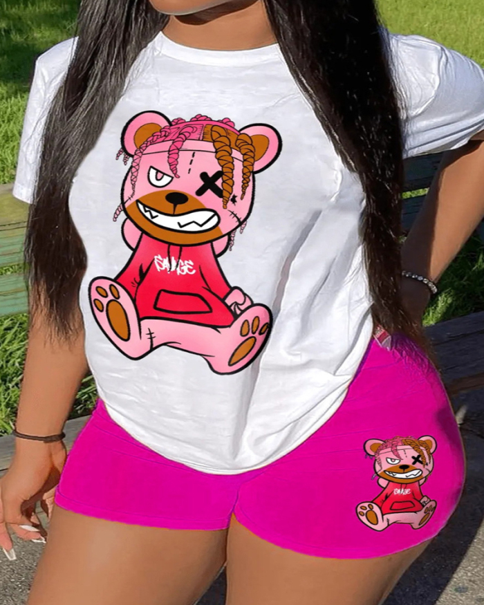 Women Short Sleeve Bear Printed T-shirt Short Sets Two Pieces Outfit White Green Rosy XS-XL