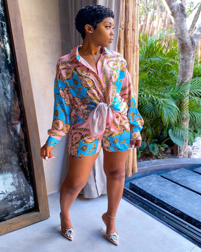 Women Stylish Boho Printed Long Sleeve Shorts Short Sets Two Pieces Outfit Pink S-2XL