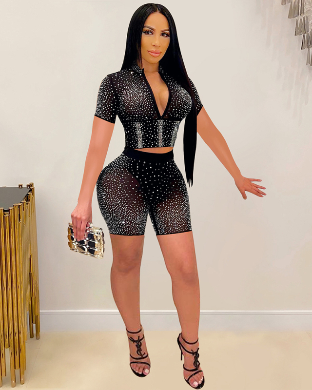 Women V-neck Short Sleeve Mesh Short Sets Two Pieces Outfit Black Blue Red Rosy Apricot S-2XL