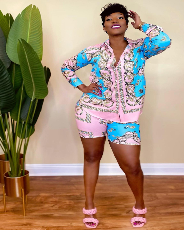 Women Stylish Boho Printed Long Sleeve Shorts Short Sets Two Pieces Outfit Pink S-2XL