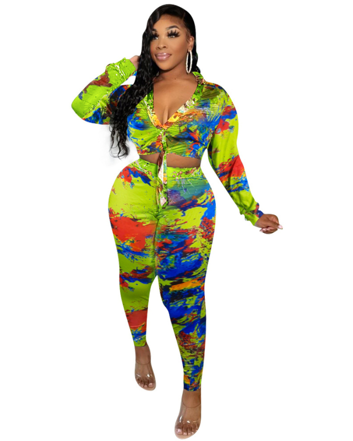 Women Long Sleeve Fashion Printed Pants Sets Two Pieces Outfit Green Fluorescent Green Blue S-2XL