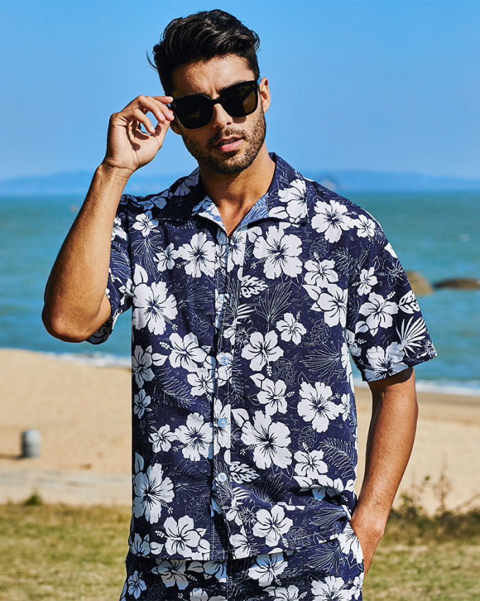 Fashion Hawaii Style Men's Short Sleeve Short Sets Flower Printed Two-piece Beach Wear S-2XL