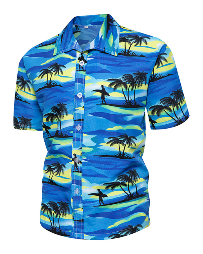 Vacation Summer Men's Lapel Casual Printed Cardigan Short Sleeve Top Shirt S-5XL