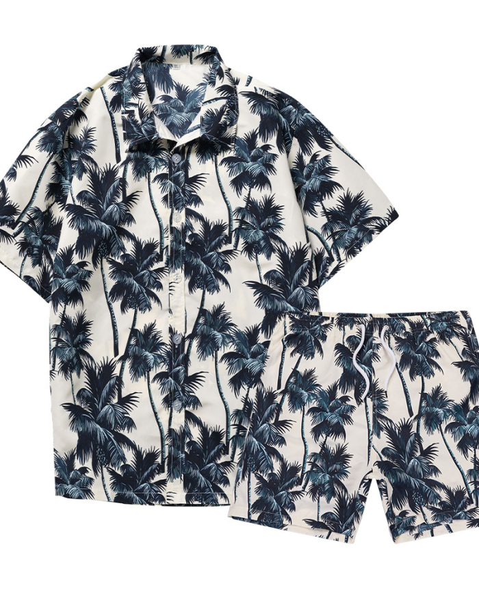Men's Vacation Printed Lapel Short Sleeve Beach Wear Two-piece Set S-2XL