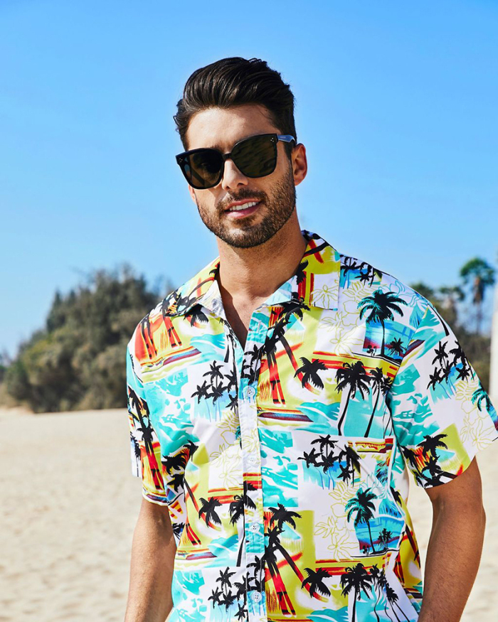 Fashion Hawaii Style Men's Short Sleeve Short Sets Flower Printed Two-piece Beach Wear S-2XL