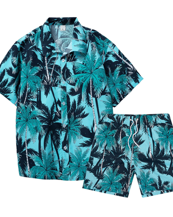Men's Vacation Printed Lapel Short Sleeve Beach Wear Two-piece Set S-2XL